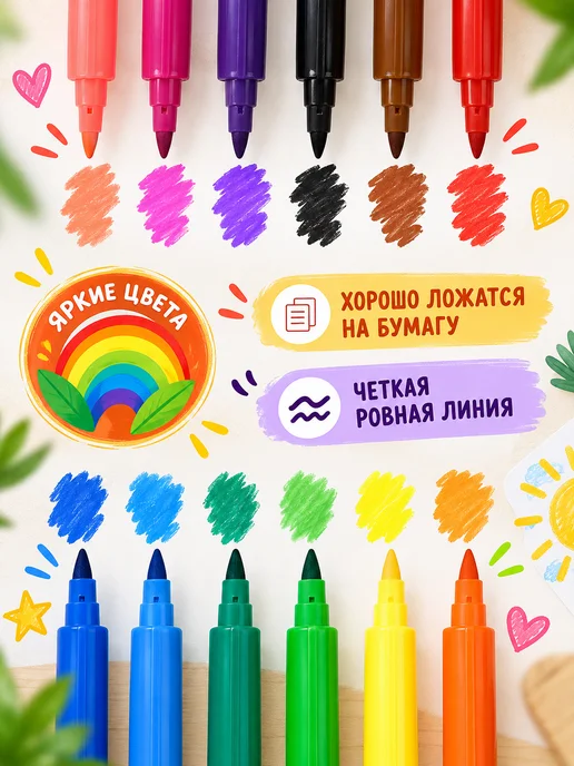 КАЛЯКА-МАЛЯКА Фломастеры трехгранные набор 24 цвета детские, 12 цв., фото 3