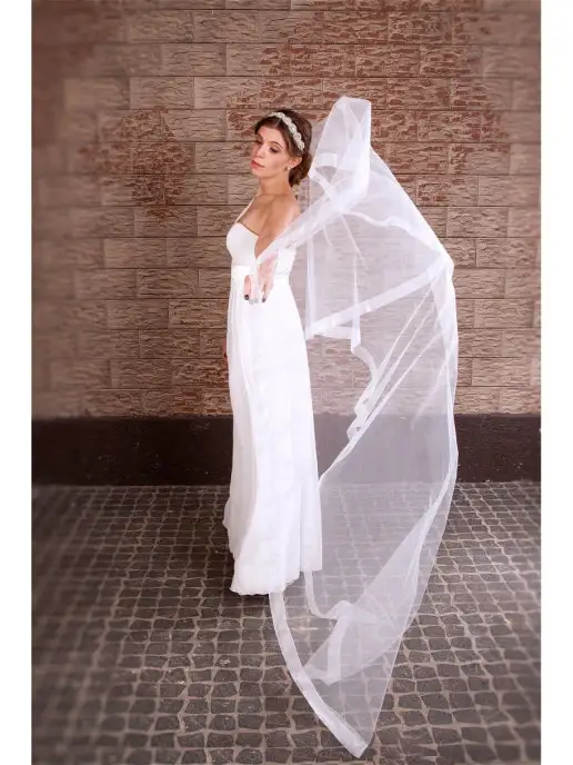 Romantic Wedding Свадебная фата с прозрачной лентой длинная, прозрачный, фото 5