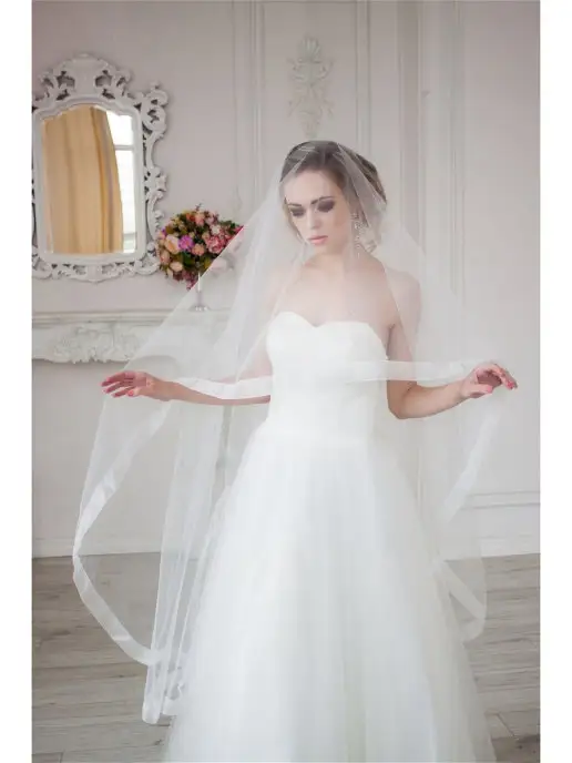 Romantic Wedding Свадебная фата средней длины с прозрачной лентой из шифона, белый, фото 6