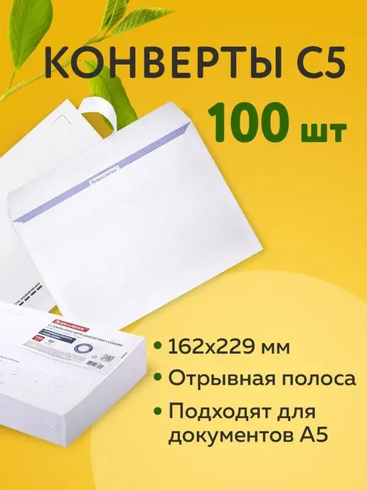 Brauberg Конверты бумажные почтовые 100 штук, белый