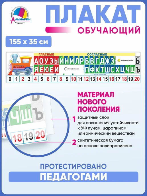 Альмарин Плакат ЛЕНТА БУКВ, ЗВУКОВ и ЦИФР, белый