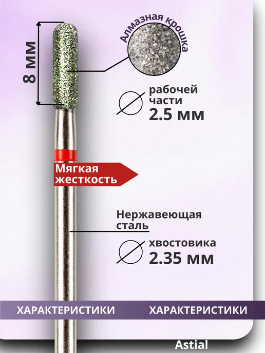 Astial Фрезы для маникюра и педикюра Цилиндр, 806.104.141.514.025, 3 шт, фото 2