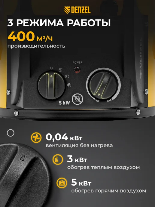 DENZEL Тепловентилятор DHC 5-400, тепловая пушка 5кВт, 96428, черный, фото 2
