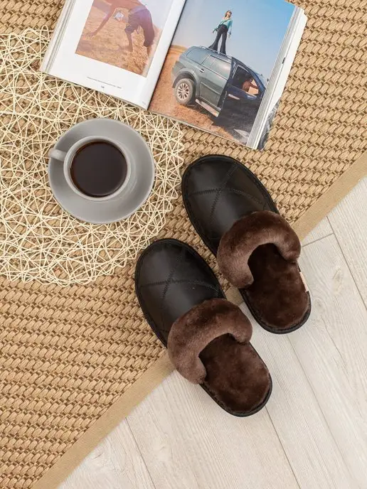 Dekma Тапочки домашние кожаные с мехом, черный, фото 2