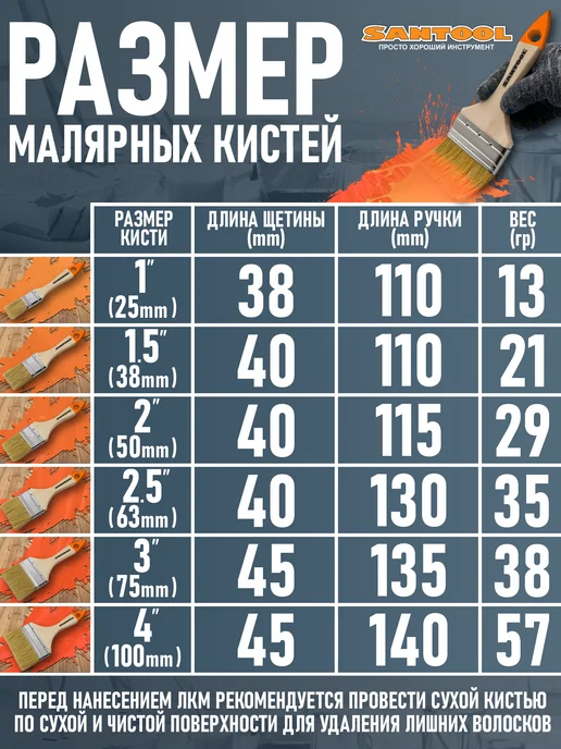 SANTOOL Кисть малярная плоская натуральная щетина 2" 50 мм, бежевый, фото 5