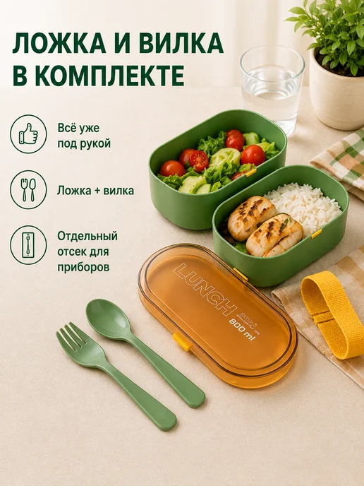 Magifta Ланч-бокс с приборами двухъярусный, контейнер для еды 800 мл, 800 мл, фото 5