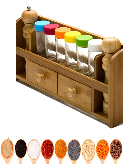 Набор для специй на деревянной подставке стекло 12 предметов - фото 11