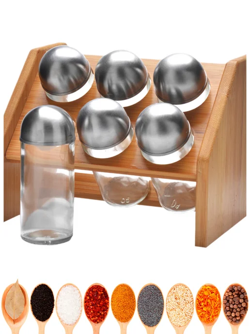 Набор для специй на деревянной подставке стекло 6 банок - фото 11