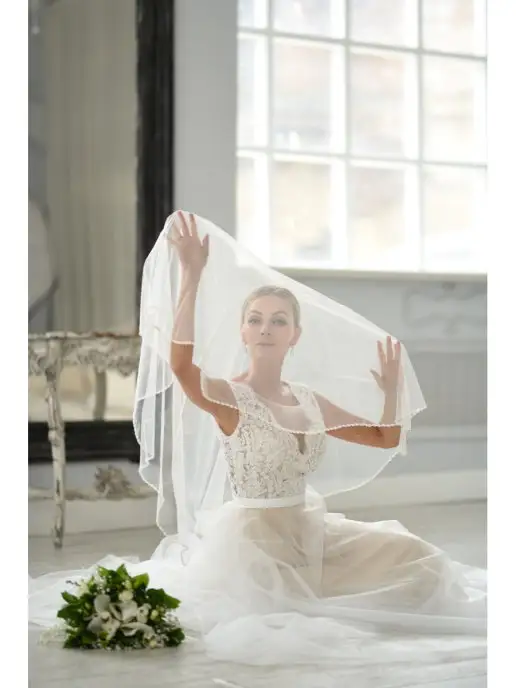 Romantic Wedding Свадебная фата средняя без гребня с кантом из жемчуг, бисер, белый, фото 4