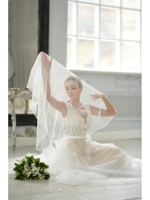 Romantic Wedding Свадебная фата средняя без гребня с кантом из жемчуг, бисер, белый, фото 5