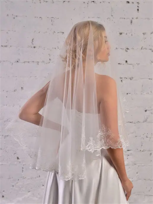 Romantic Wedding Свадебная лёгкая фата с компьютерной вышивкой по фатину, белый, фото 2