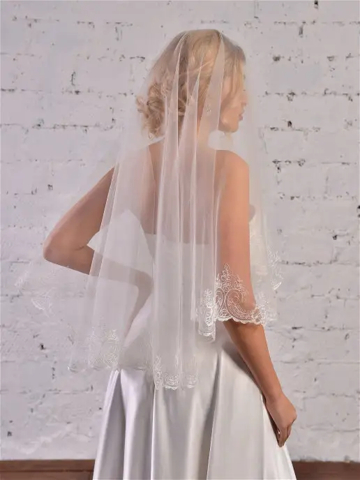 Romantic Wedding Свадебная лёгкая фата с компьютерной вышивкой по фатину, белый, фото 3