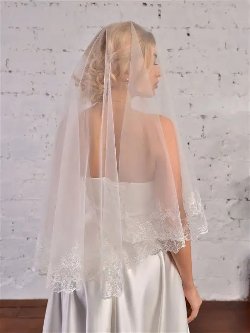 Romantic Wedding Свадебная лёгкая фата с компьютерной вышивкой по фатину, белый, фото 5