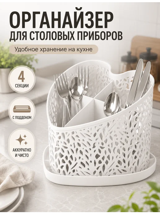 SABURG Подставка для столовых приборов с поддоном Сердце, белый