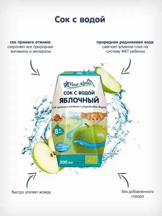 Fleur Alpine Сок прям. отжима с природной родниковой водой ЯБЛОЧНЫЙ, 8мес, 200 мл, 6 шт, фото 3
