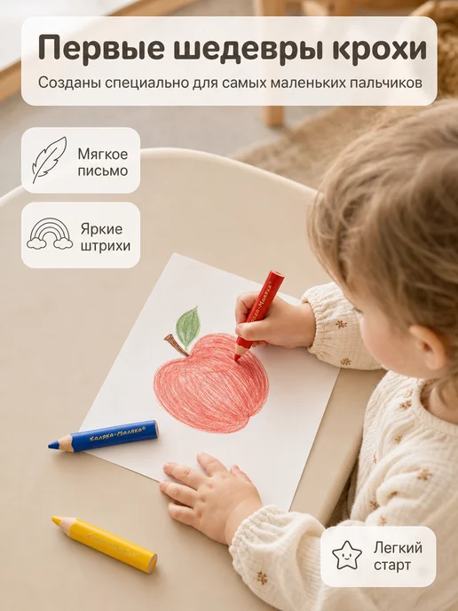 КАЛЯКА-МАЛЯКА Карандаши цветные для малышей 12 цветов толстые трехгранные, 12 цв., фото 4