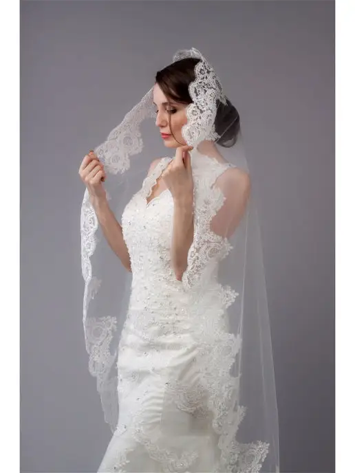 Romantic Wedding Свадебная фата с широким кружевом испанка невесты 150 см, белый, фото 2