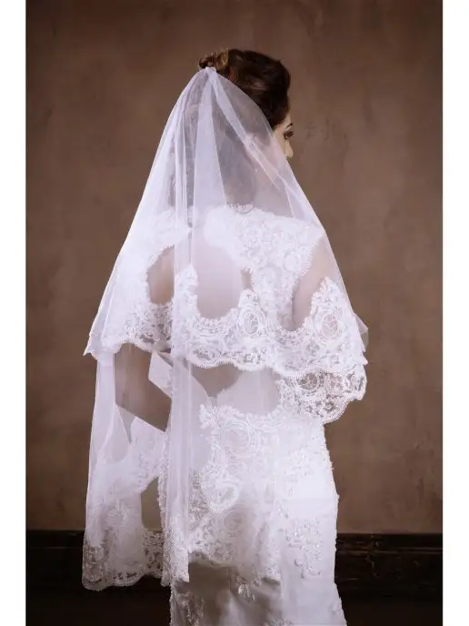 Romantic Wedding Свадебная фата с широким кружевом испанка невесты 150 см, белый, фото 5