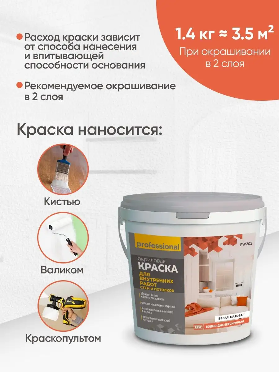 Краска для СТЕН И ПОТОЛКОВ белая, матовая, без запаха, 1,4кг PROFESSIONAL  15429004 купить за 360 ₽ в интернет-магазине Wildberries