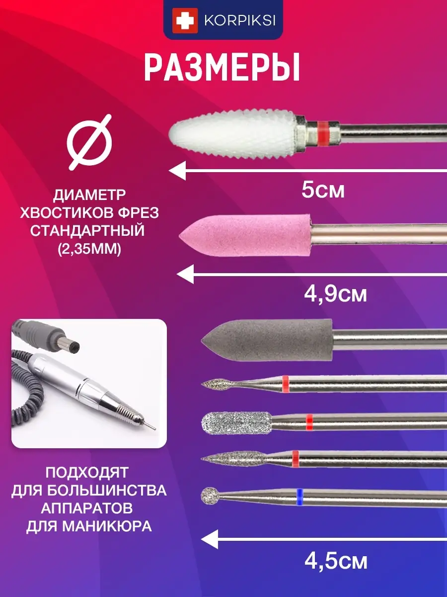 Фрезы для маникюрного аппарата набор для маникюра и педикюра Korpiksi  15556133 купить за 849 ₽ в интернет-магазине Wildberries