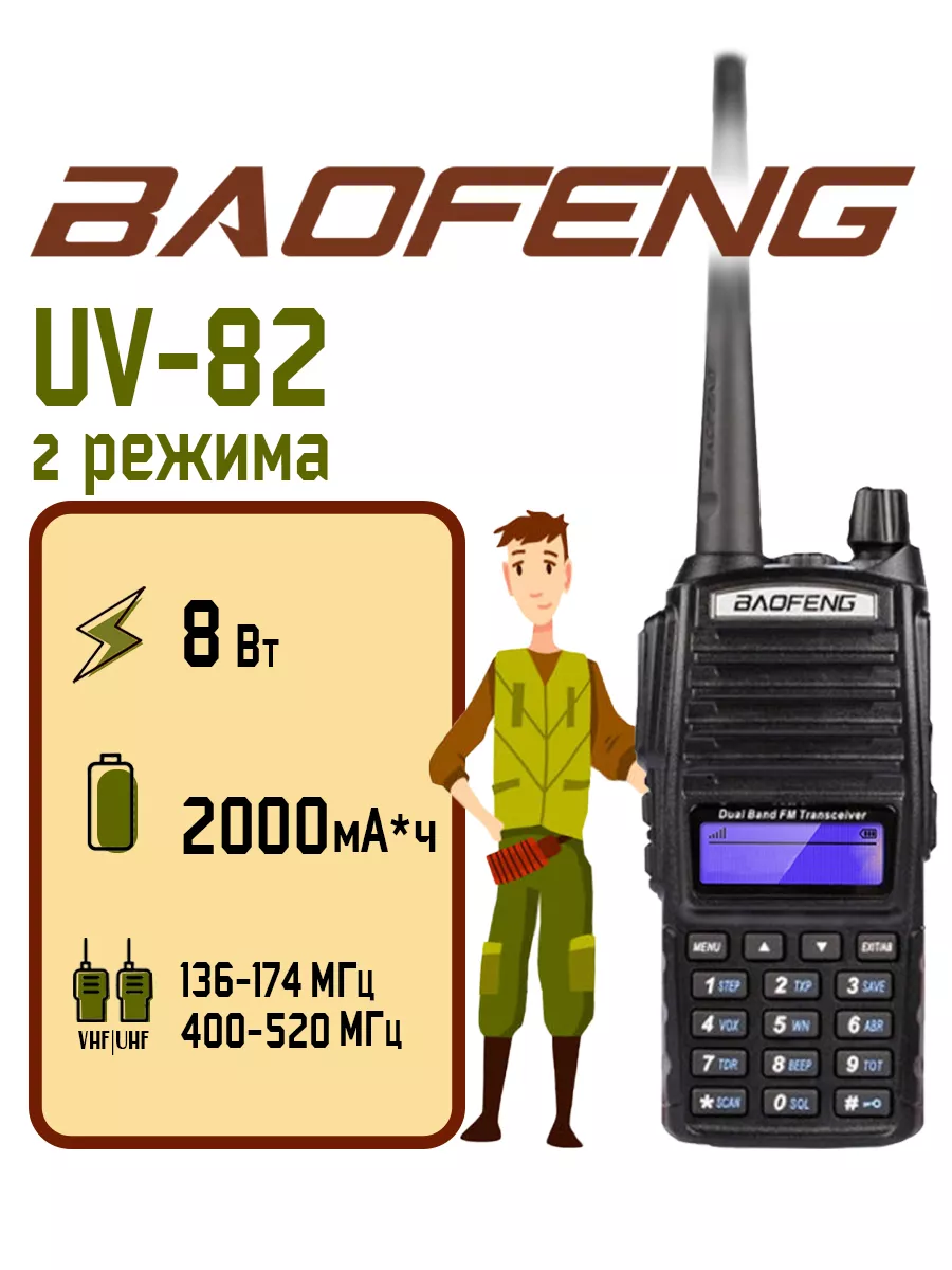 Радиостанция Баофенг UV-82 (8W) Черная 2 режима BAOFENG 15686562 купить за  1 765 ₽ в интернет-магазине Wildberries