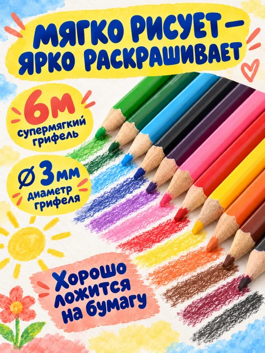 КАЛЯКА-МАЛЯКА Карандаши цветные акварельные 12 цветов художественные, 12 цв., фото 4