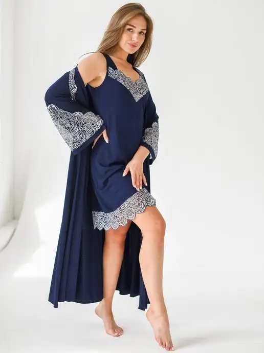 Batistcorp Ivanovo Пеньюар кружевной с халатом и сорочкой, синий, фото 2