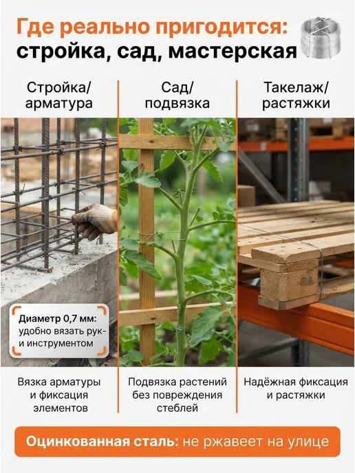 СИБРТЕХ Проволока стальная оцинкованная 0.7 мм, серый, фото 6