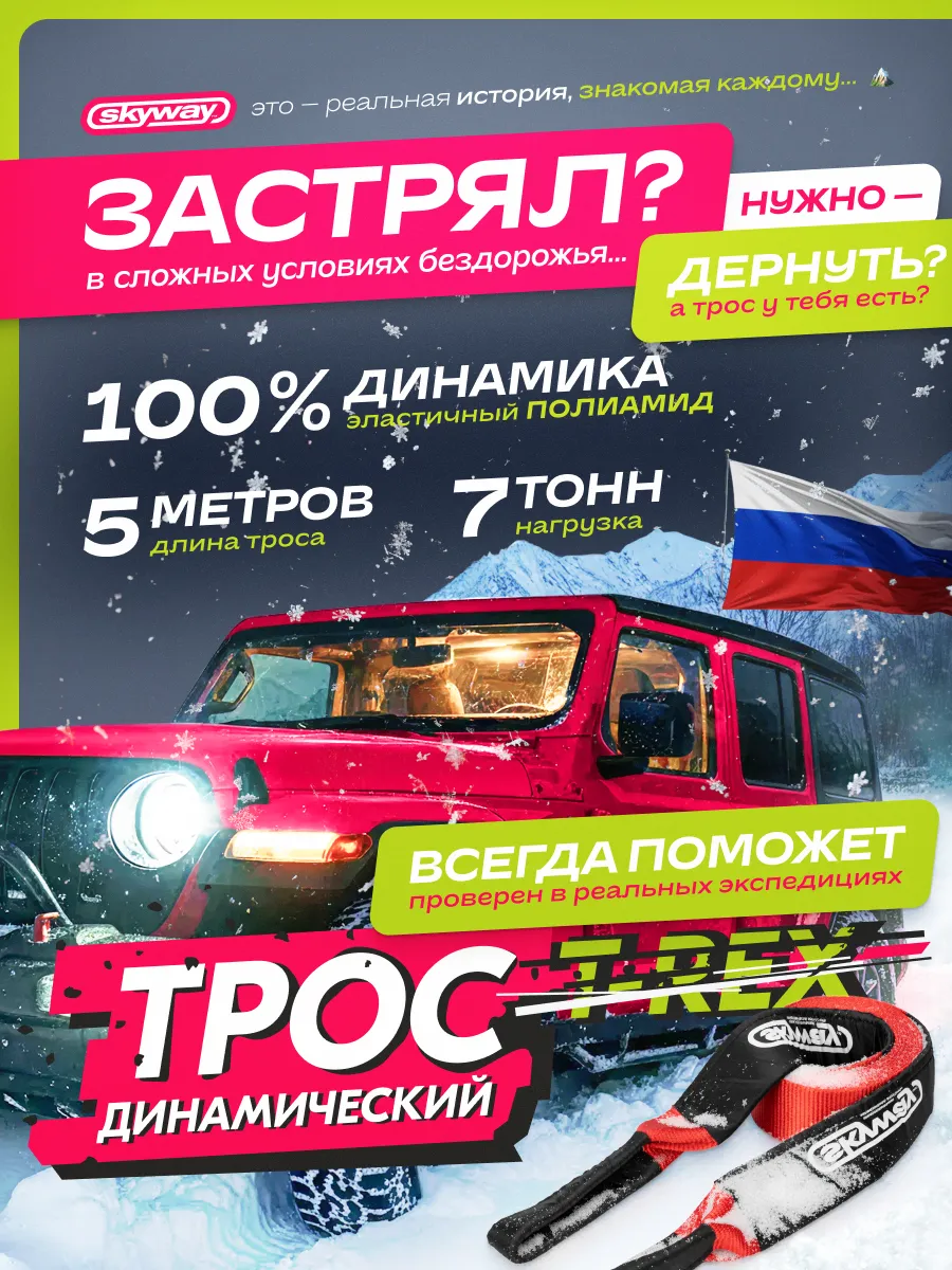 Динамический трос рывковый автомобильный 7 т 5 м петли
