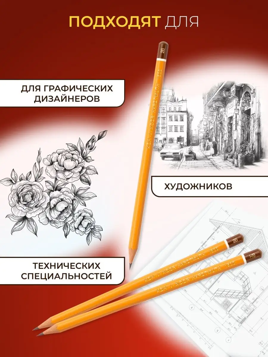 Набор простых карандашей 8В-2H 12 штук Koh-i-Noor 16332344 купить в  интернет-магазине Wildberries