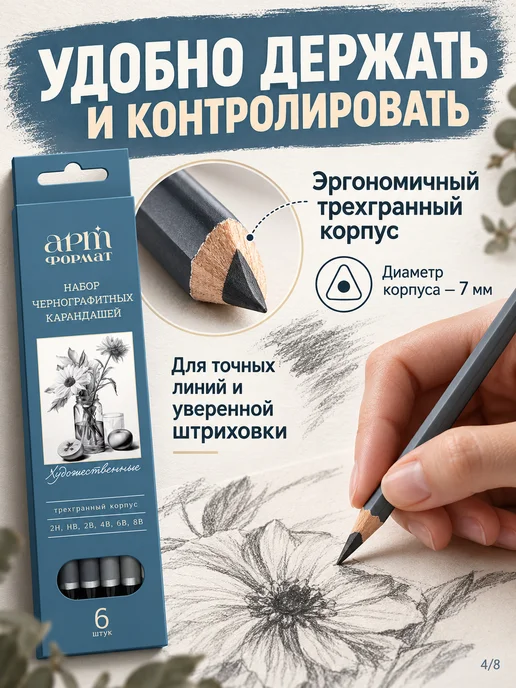 АРТформат Карандаши простые художественные трехгранные набор 6шт, 6 шт, фото 3