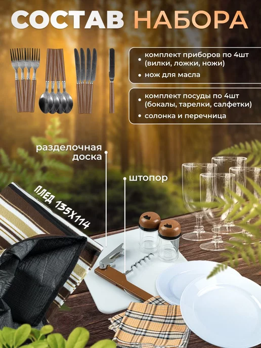 For camping Набор посуды для пикника, рюкзак холодильник с пледом, коричневый, фото 2
