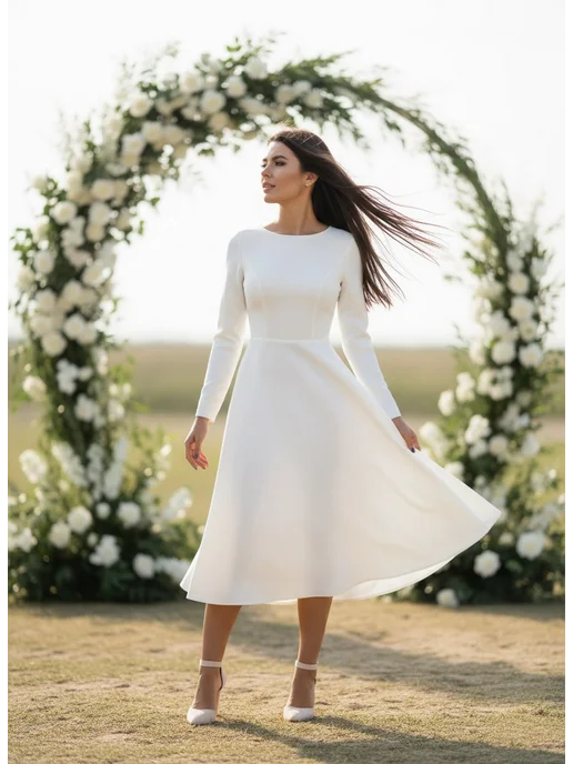 VESNA DRESS Платье вечернее свадебное миди с открытой спиной, белый
