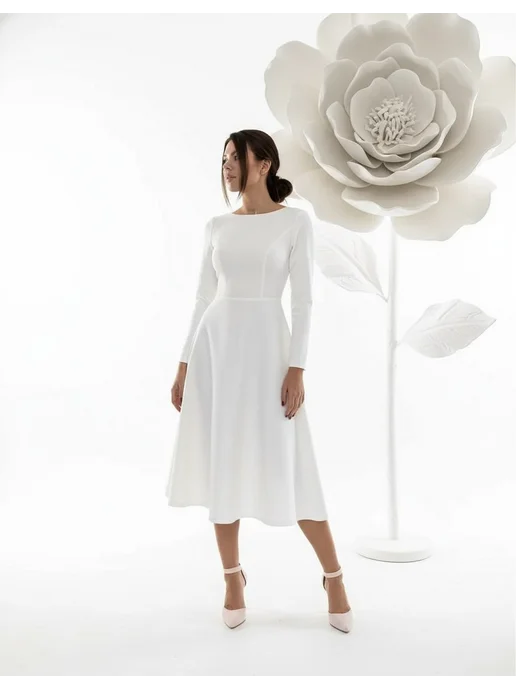 VESNA DRESS Платье вечернее свадебное миди с открытой спиной, белый, фото 3