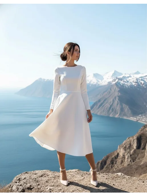 VESNA DRESS Платье вечернее свадебное миди с открытой спиной, белый, фото 5