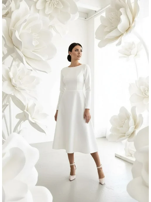 VESNA DRESS Платье вечернее свадебное миди с открытой спиной, белый, фото 6