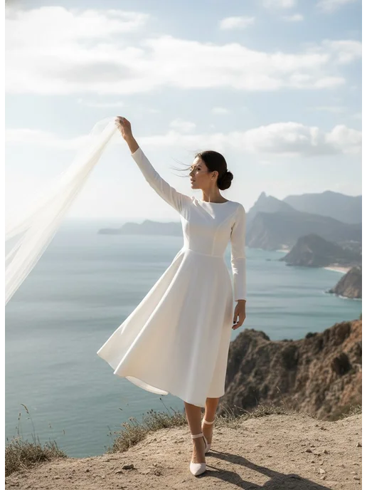 VESNA DRESS Платье вечернее свадебное миди с открытой спиной, белый, фото 7
