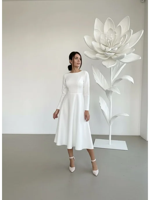 VESNA DRESS Платье вечернее свадебное миди с открытой спиной, белый, фото 8