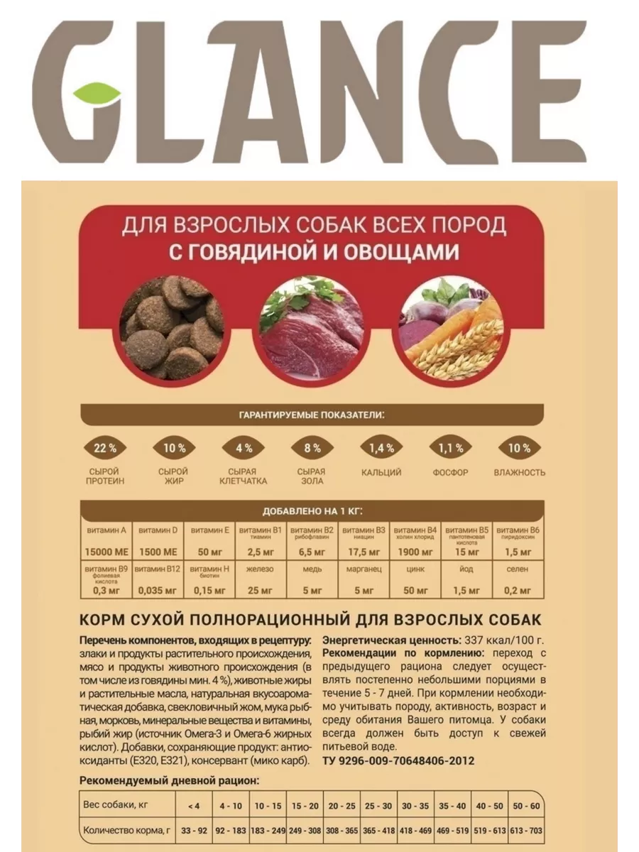 Корм сухой для собак с говядиной и овощами 20кг Glаncе 16652169 купить за 4  607 ₽ в интернет-магазине Wildberries