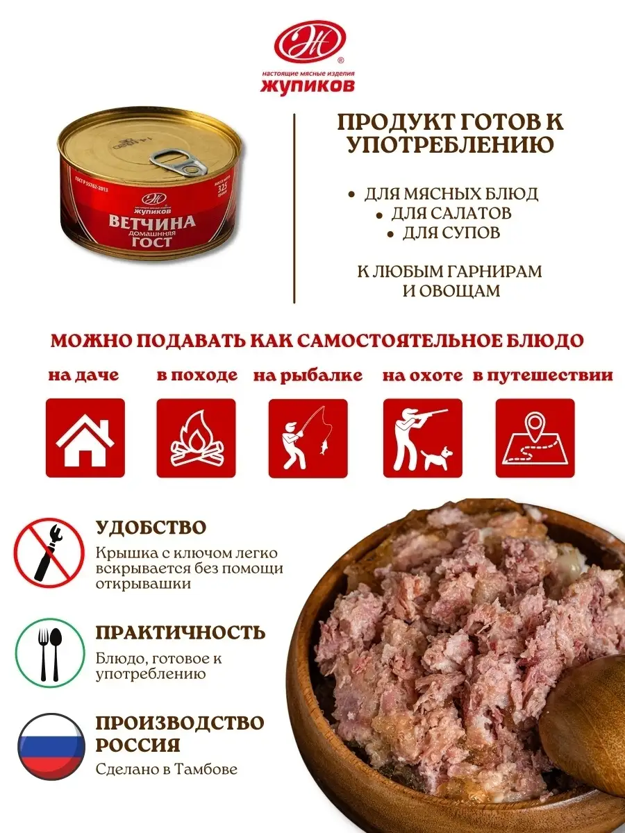 Ветчина из свинины Домашняя вкусная деликатесная, свиное мясо ГОСТ 325 гр x  2 шт / 8 шт Жупиков 16890094 купить в интернет-магазине Wildberries