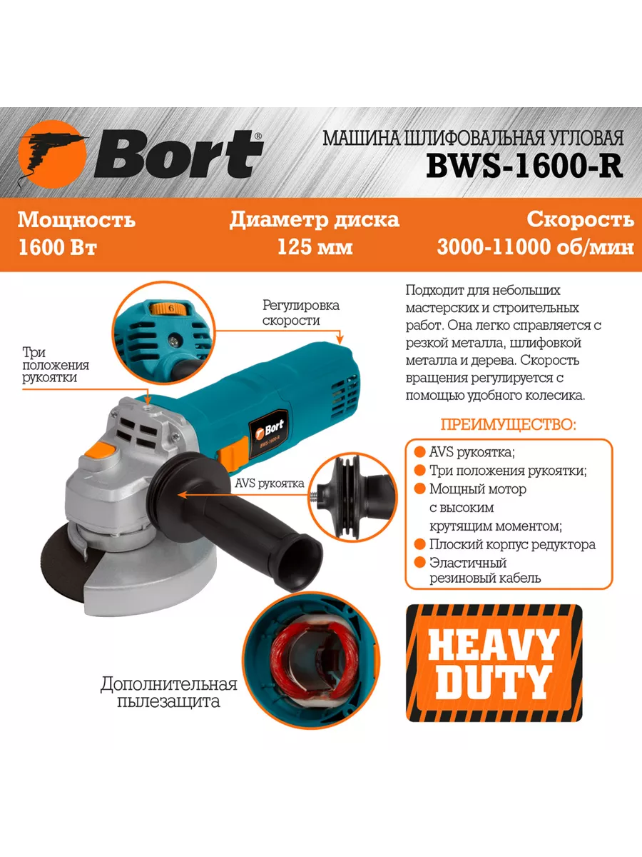 Машина шлифовальная угловая BWS-1600-R Bort 17224060 купить за 8 810 ₽ в  интернет-магазине Wildberries