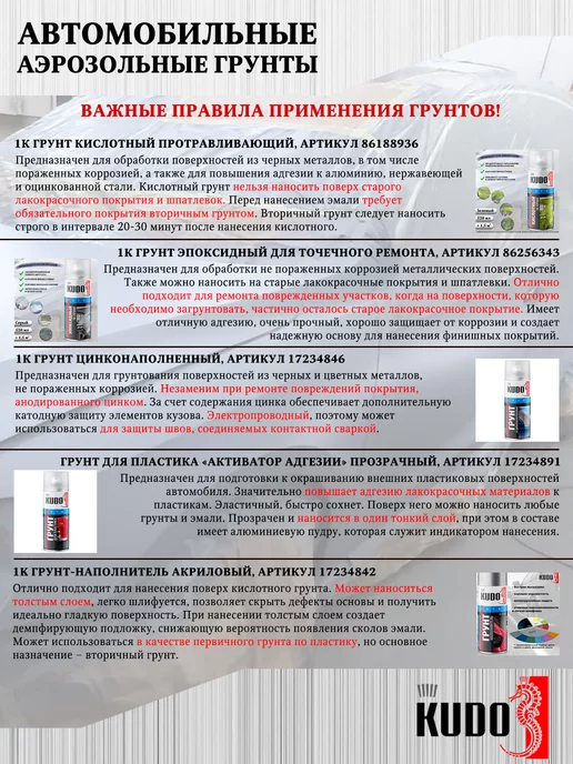 KUDO Аэрозольный грунт-наполнитель, акриловый, белый, белый, фото 2