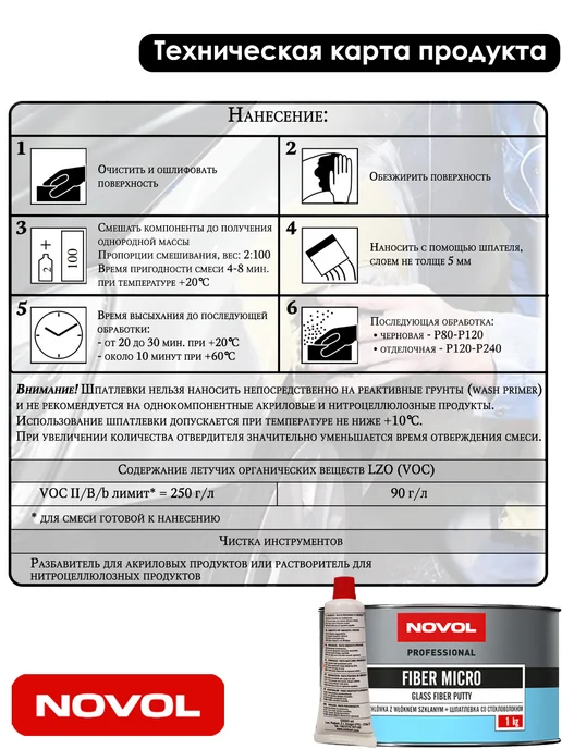 NOVOL Шпатлевка FIBER MICRO, с коротким стекловолокном, 500 гр, 1 кг, фото 3