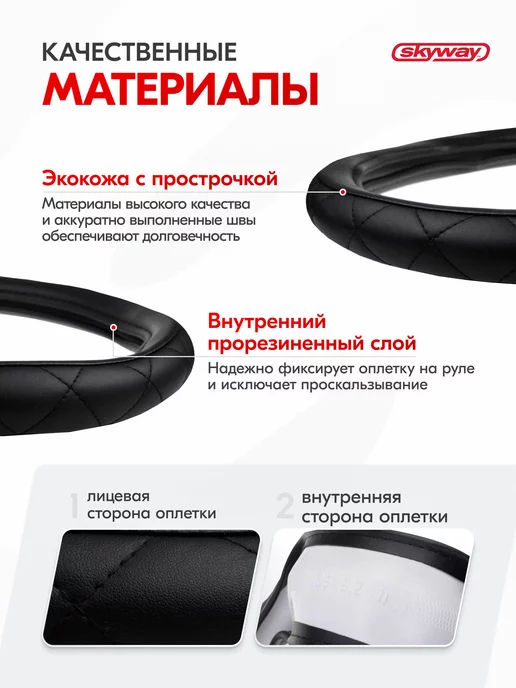 SKYWAY Оплетка на руль 37-39 см Hit-2 экокожа черная, черный, фото 4