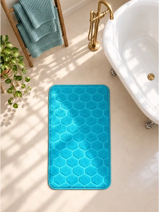 Bath Plus Коврик для ванной противоскользящий большой мягкий с ворсом, голубой, фото 4
