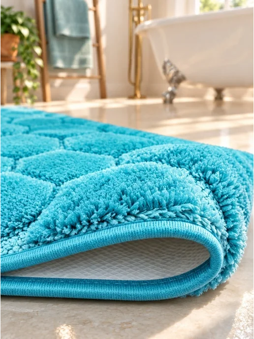 Bath Plus Коврик для ванной противоскользящий большой мягкий с ворсом, голубой, фото 5