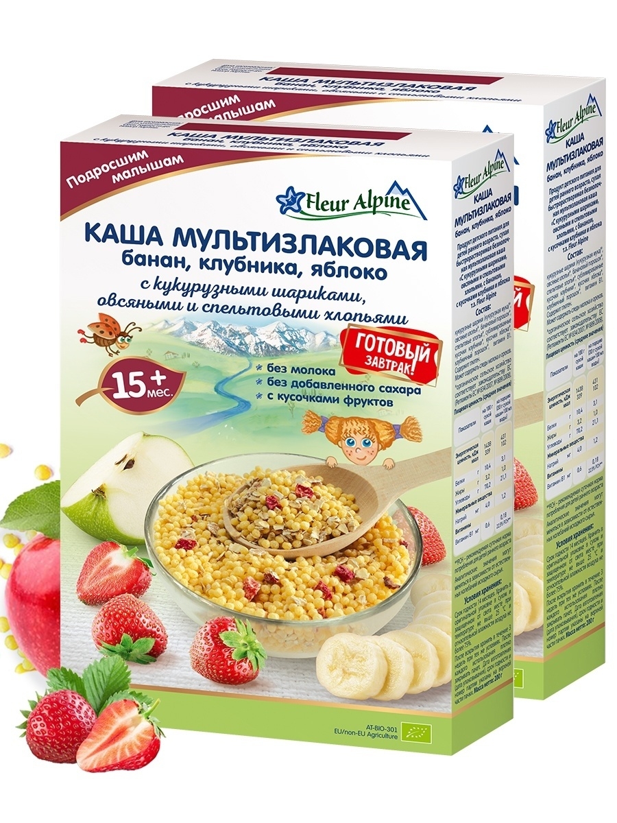 Каша мультизлаковая БАНАН,КЛУБНИКА,ЯБЛОКО с шариками,15мес Fleur Alpine  17394296 купить за 779 ₽ в интернет-магазине Wildberries