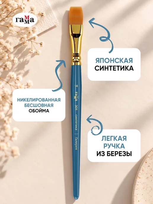 Гамма Кисть синтетика художественная плоская №14 короткая ручка, вариант, фото 2