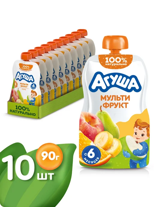 Агуша Пюре детское Яблоко-Персик-Груша-Банан с 6 мес 90г, 10шт, 90 г, 10 шт