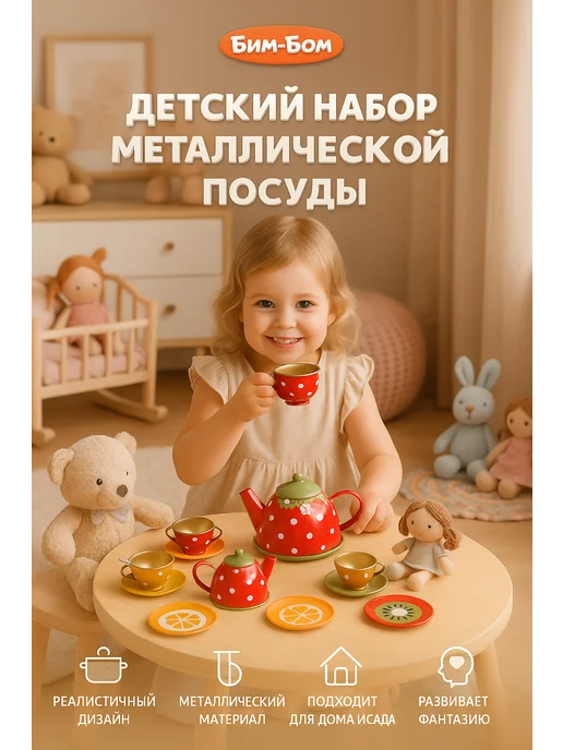БИМ-БОМ игрушки Игрушечная посуда набор с чайным сервизом 18 предметов, зеленый, фото 4